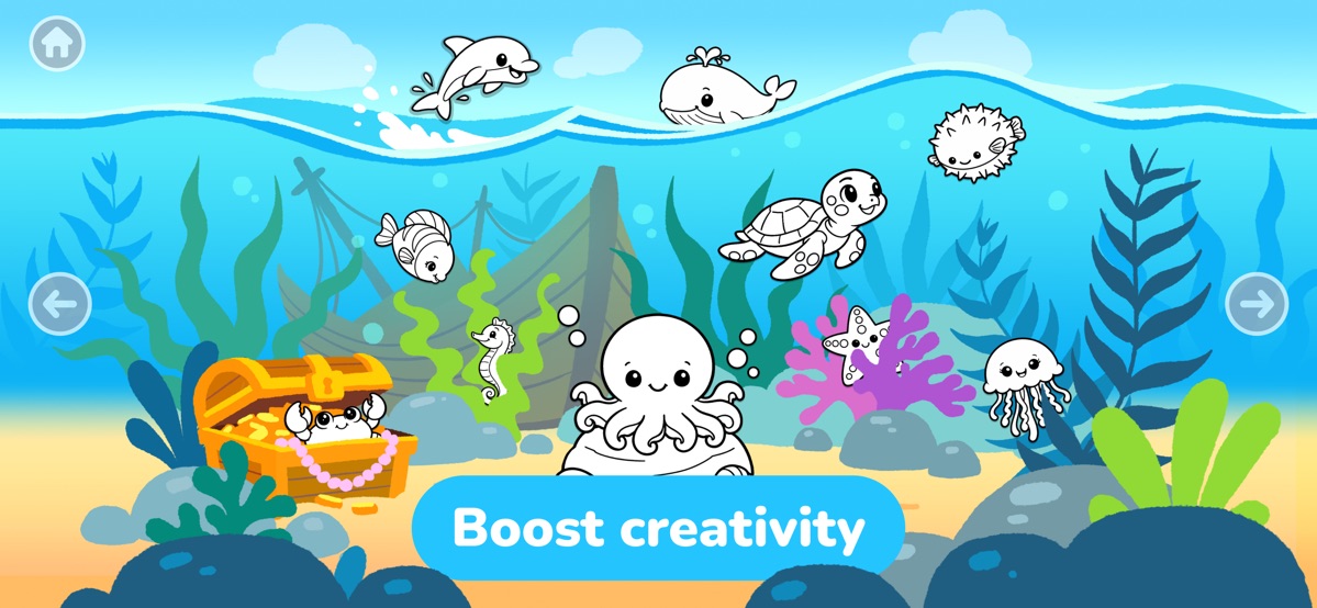 Bumi Lumi underwater coloring page with an octopus, a turtle and dolphins