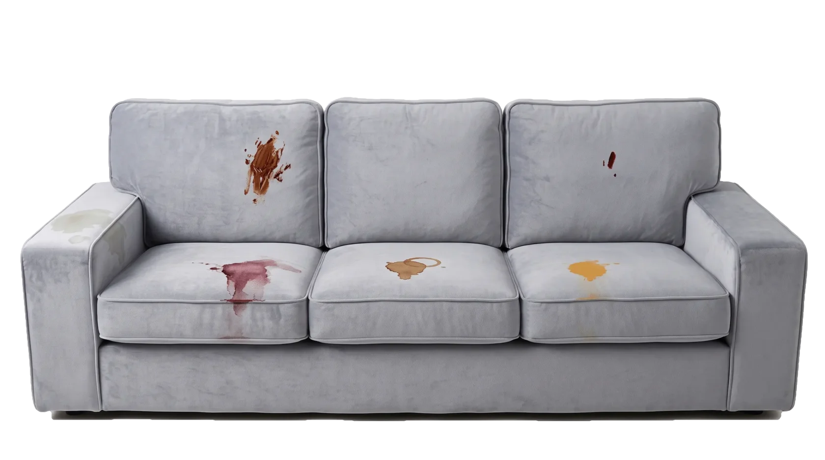Hellgraues Samtsofa mit Wein-, Kaffee-, Saft-, Schokoladen-, Blut- und Fettflecken – Polsterreinigung in Frankfurt