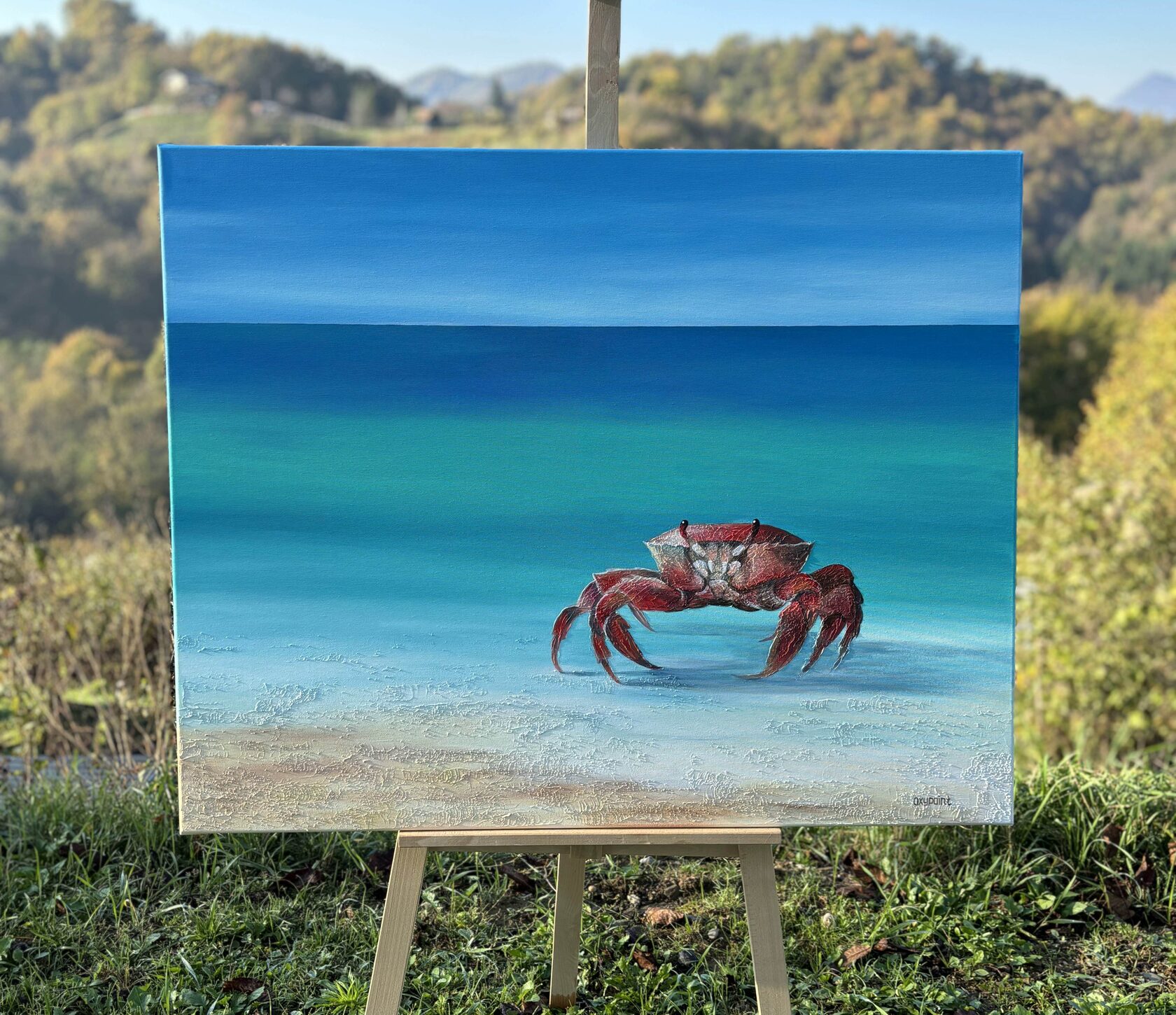 Acrylic painting crab, mixed media, sea sand texture, solitary crab, turquoise sea, waves, large wall art for sale, buy art from artist, buy original paintings, seascape, painting for sale Oxana Kravtsova Oxypoint