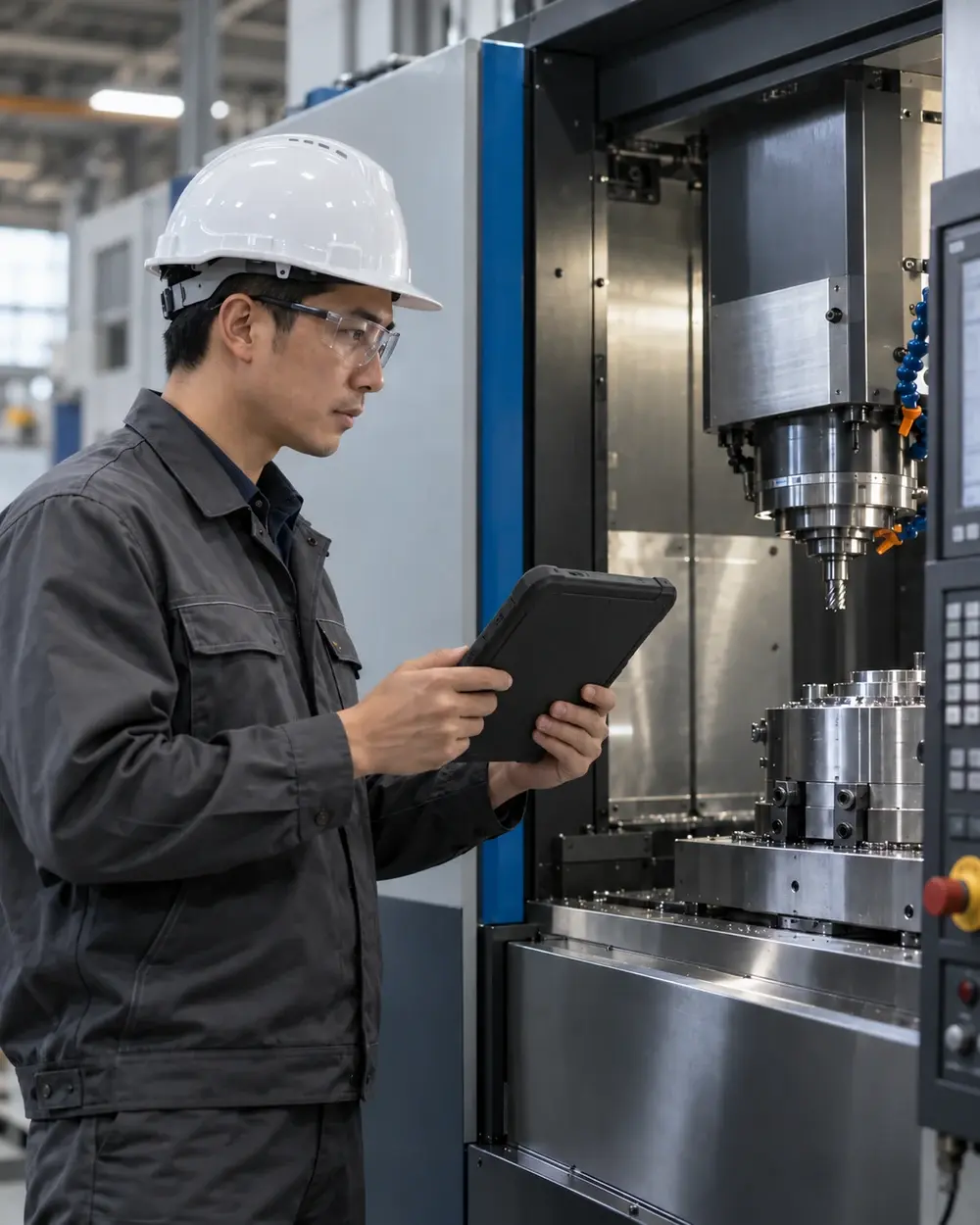 Engineer reviewing technical specifications beside industrial CNC equipment