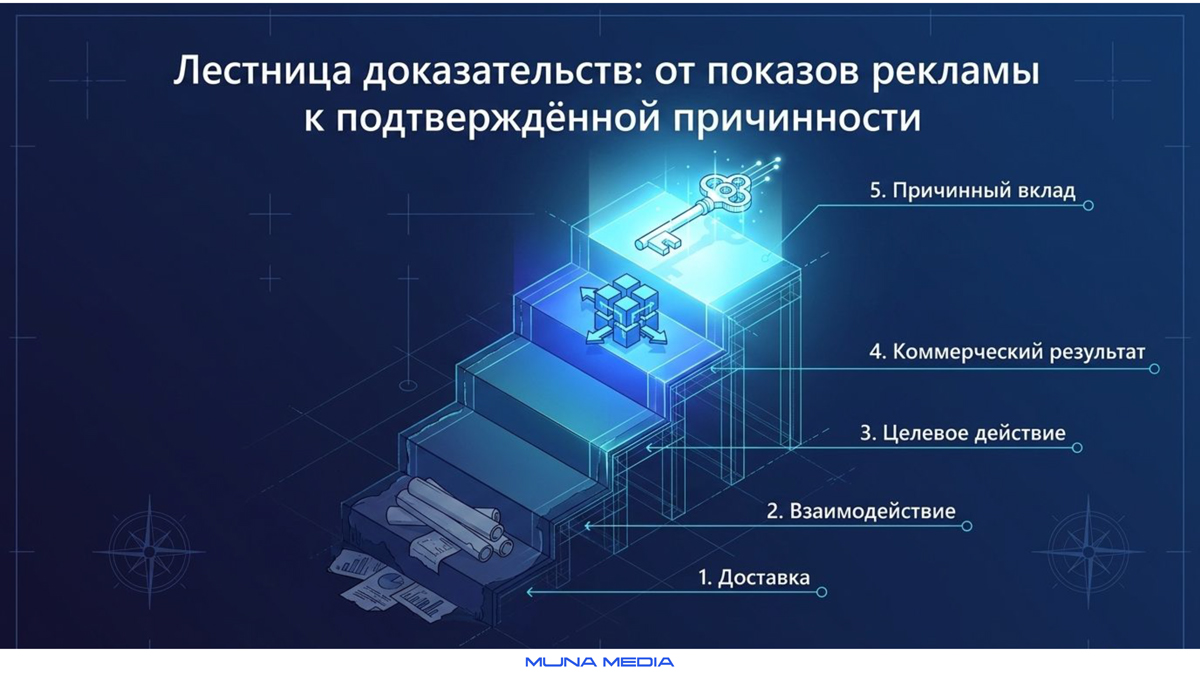 Лестница доказательств: доставка, взаимодействие, целевое действие, коммерческий результат и причинный вклад — Muna Media