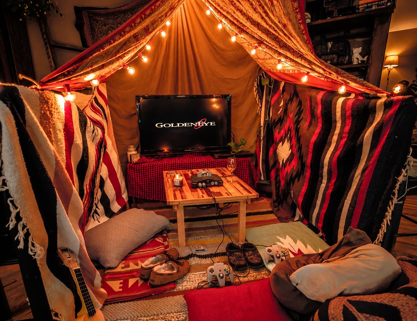 Blanket fort inside a café