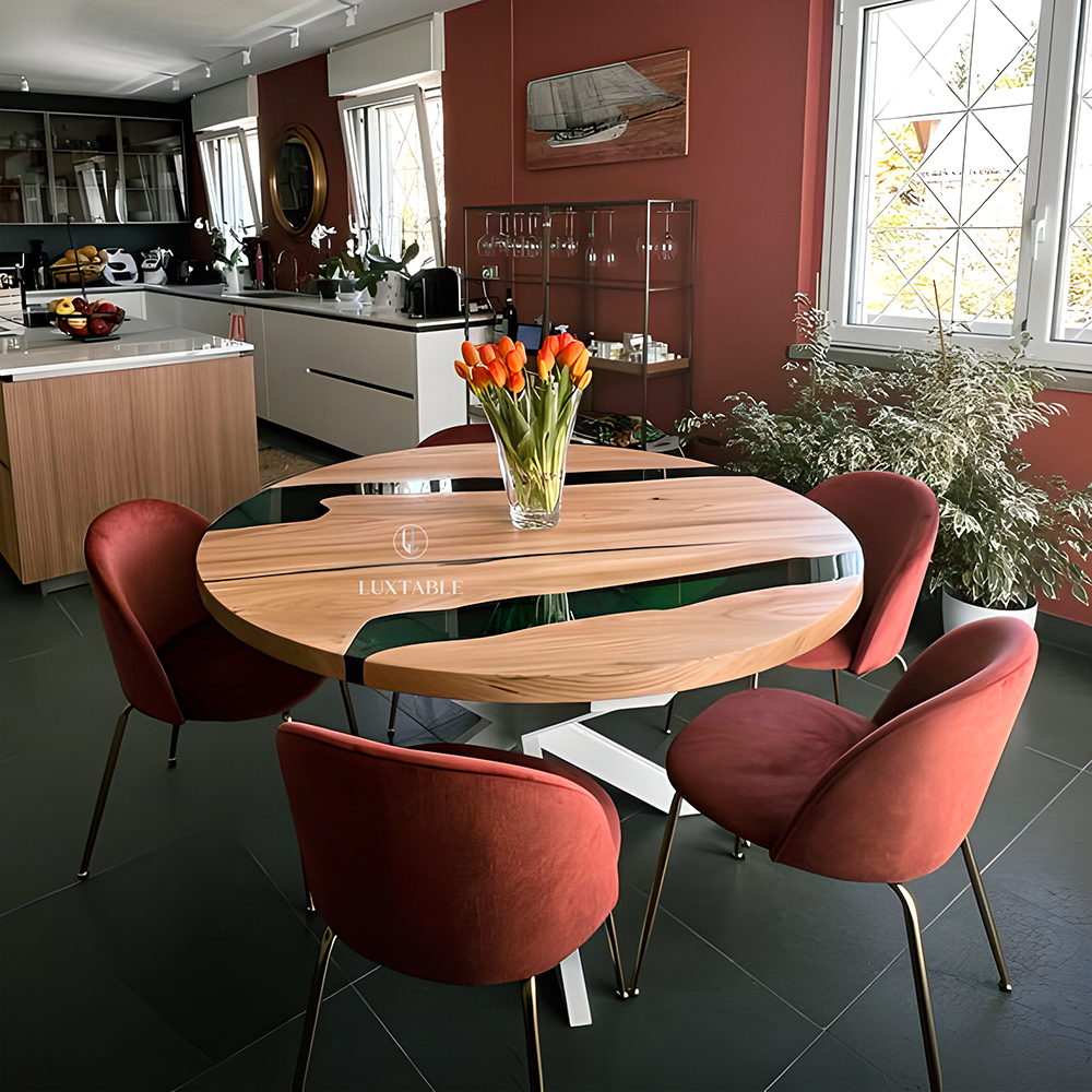 Tisch Tulipa aus massiver Ulme und grünem transparentemEpoxidharz