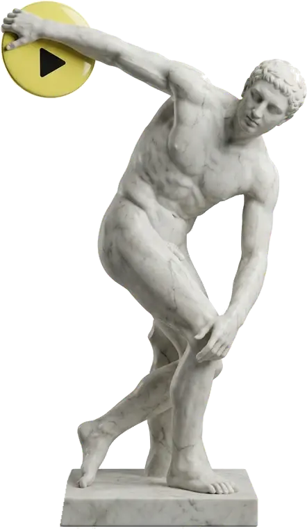 Marble discus thrower statue swinging a yellow play button