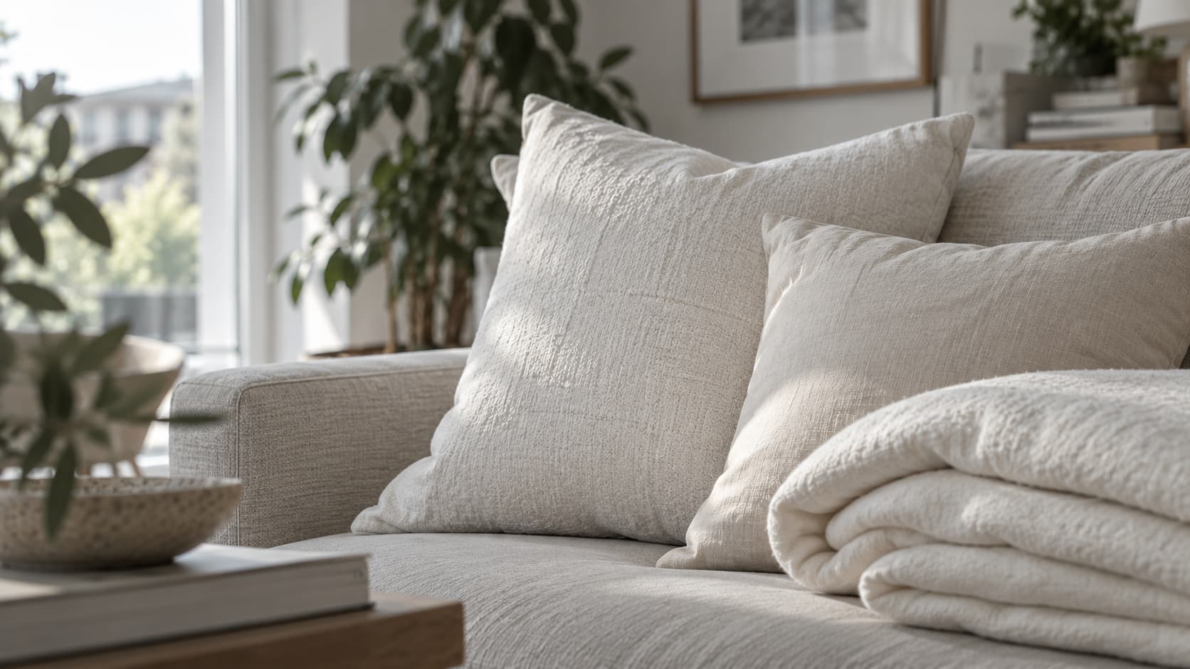 Helle Sofakissen und ordentlich gefaltete Decken auf einem Sofa im modernen Wohnzimmer &ndash; textile Polster und Kissen werden bei Shikardos professionell gereinigt.