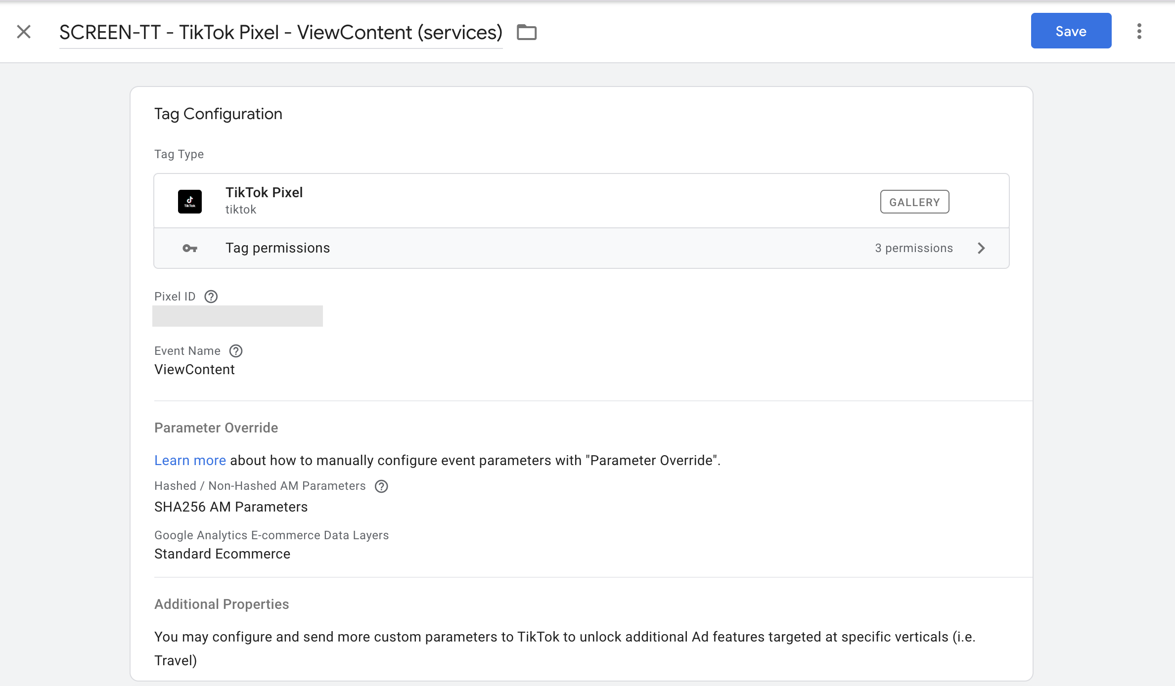 Тег события ViewContent из шаблона TikTok Pixel в Google Tag Manager