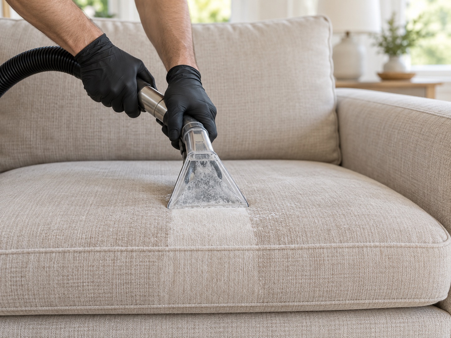 Gloved technician cleaning a light fabric sofa with a professional upholstery extraction tool