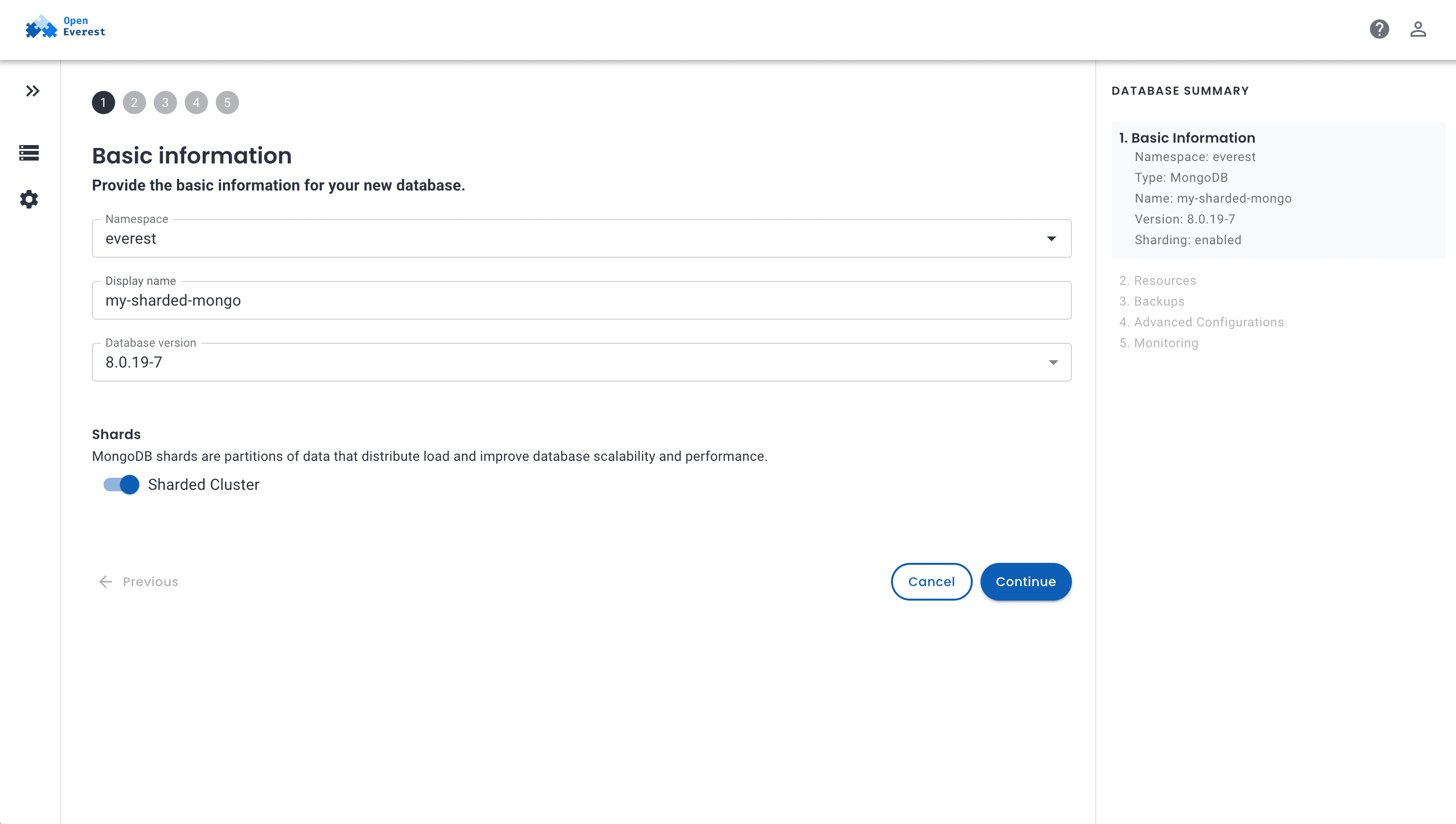 OpenEverest — create cluster with engine and version selection