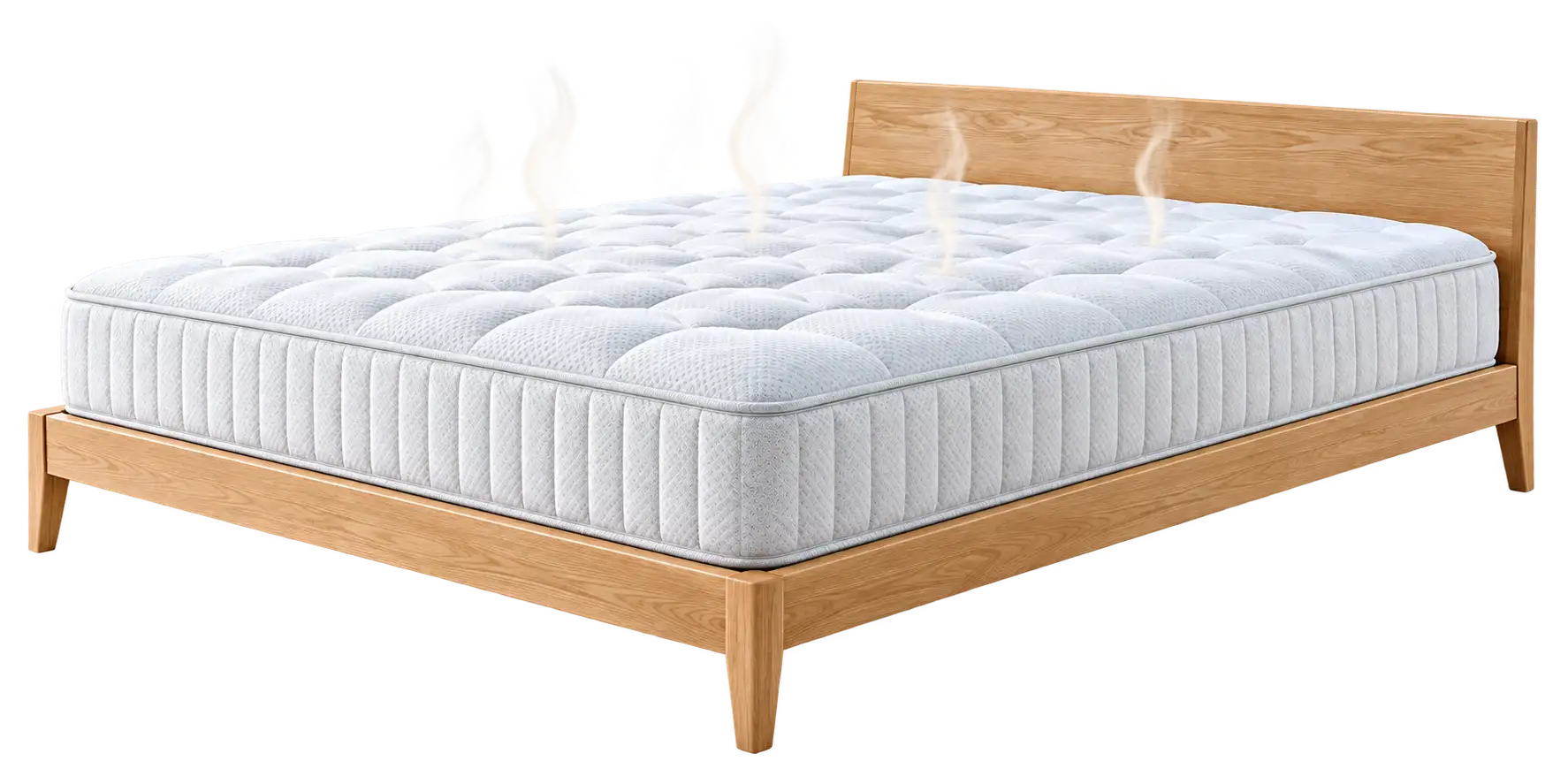 Matratze trocknet offen – Shikardos Reinigung Frankfurt Offen liegende weiße Matratze auf einem hellen Holzbett, über der zarte Luftschwaden aufsteigen – die Feuchtigkeit der Nacht verdunstet. Anders als ein Schlafsofa trocknet eine Matratze tagsüber an der Luft und riecht deshalb seltener muffig.