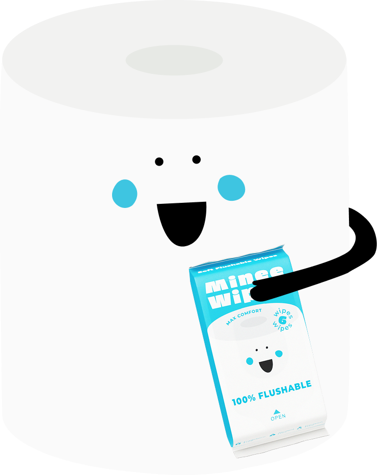Smiling cartoon toilet paper character holding a blue flushable Minee Wipes pack, with hearts floating above – friendly brand mascot showing love for hygiene.