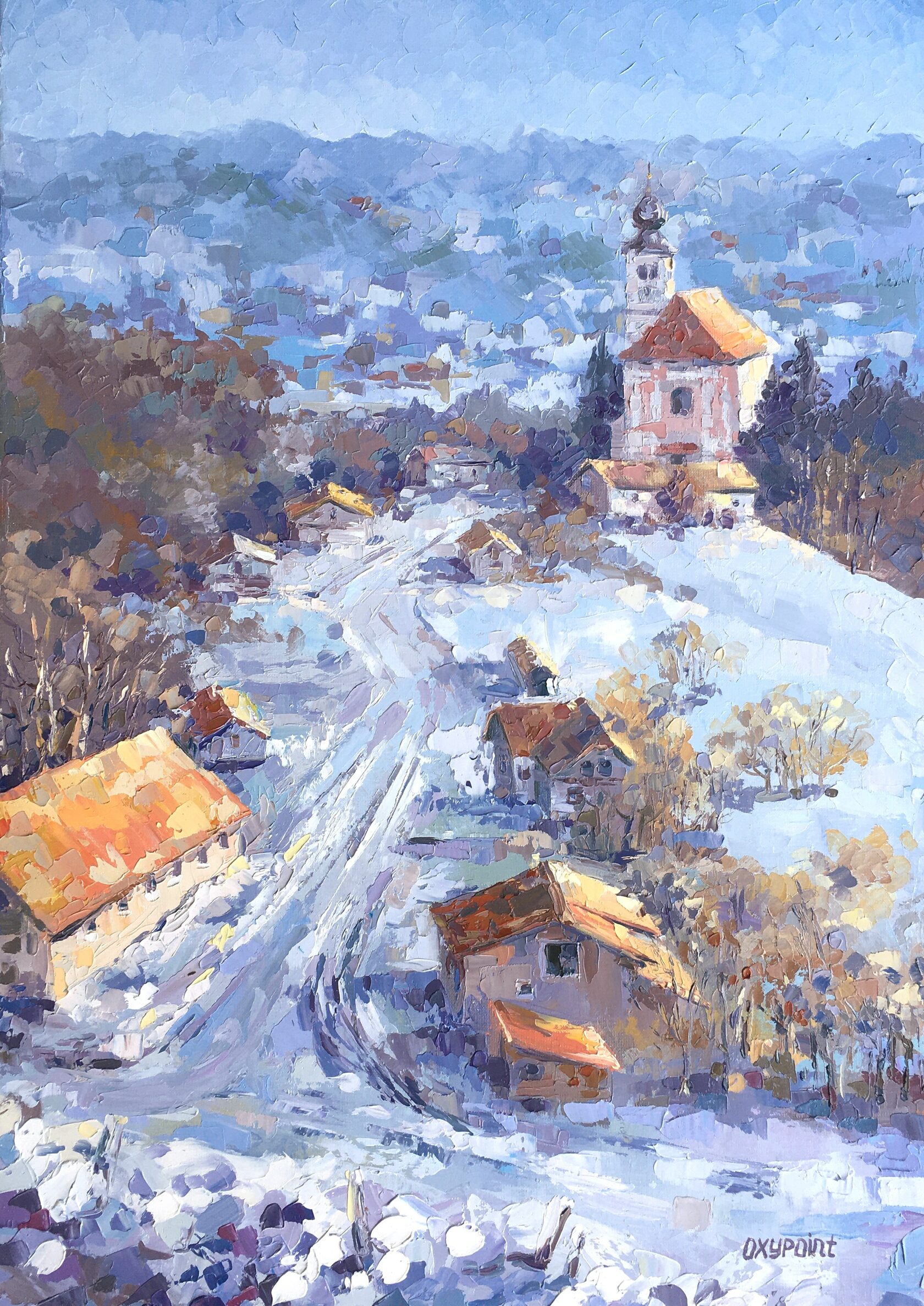 oil painting winter landscape, snow