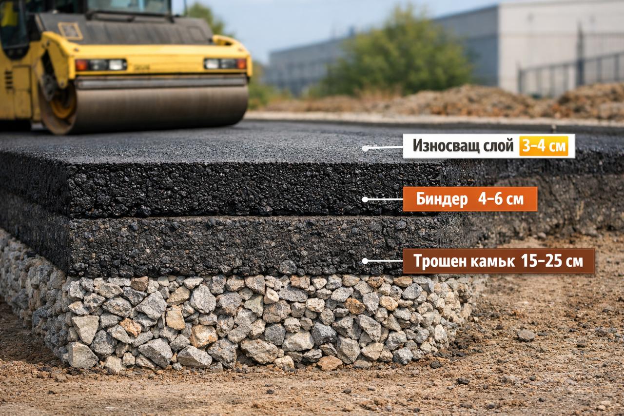 Дебелина на конструкцията при асфалтиране в София – слоеве трошен камък, биндер и финален асфалт с реални размери в см