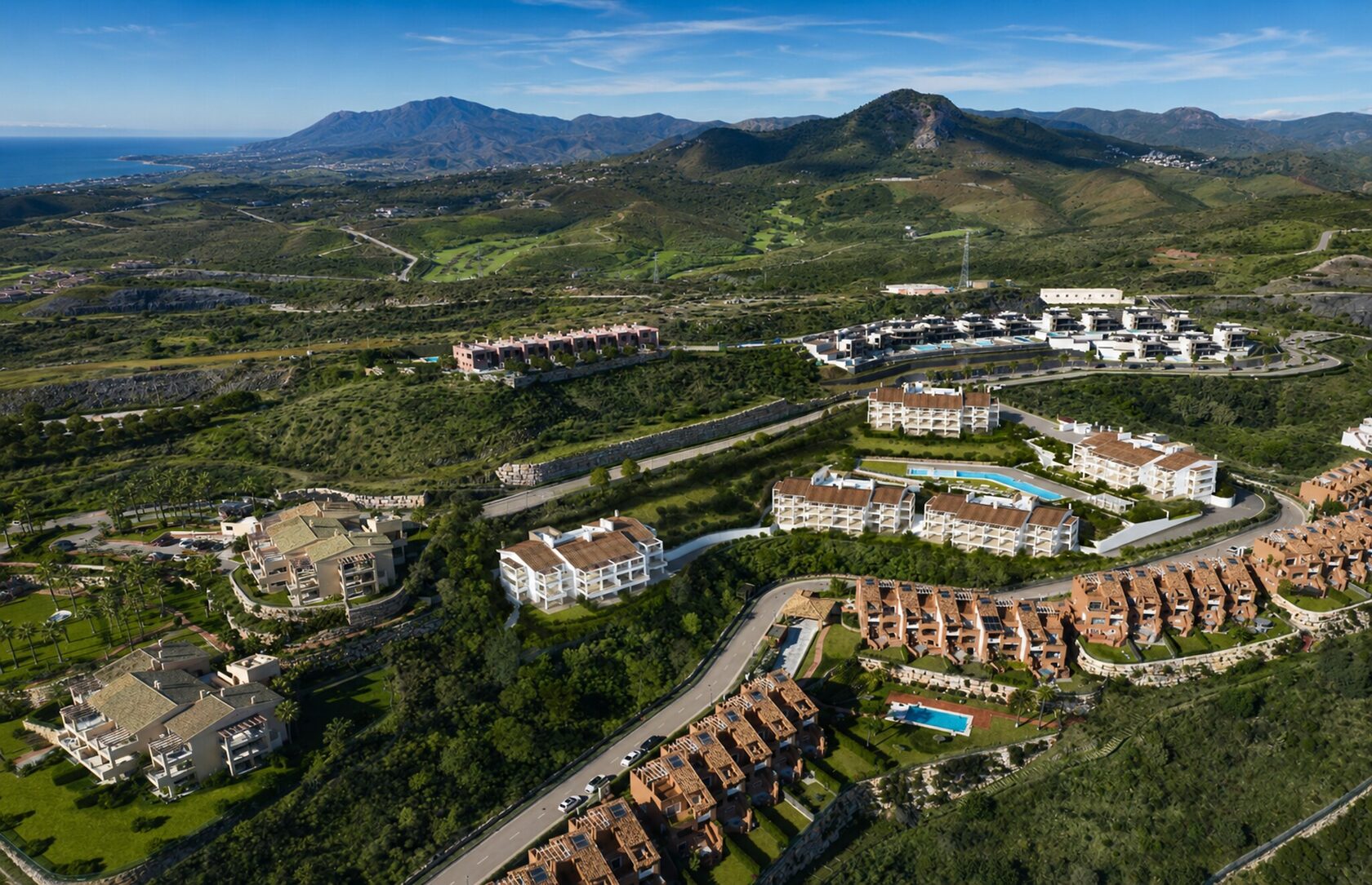 Aerial view over Los Jaralillos and the Mediterranean coast, Benahavís