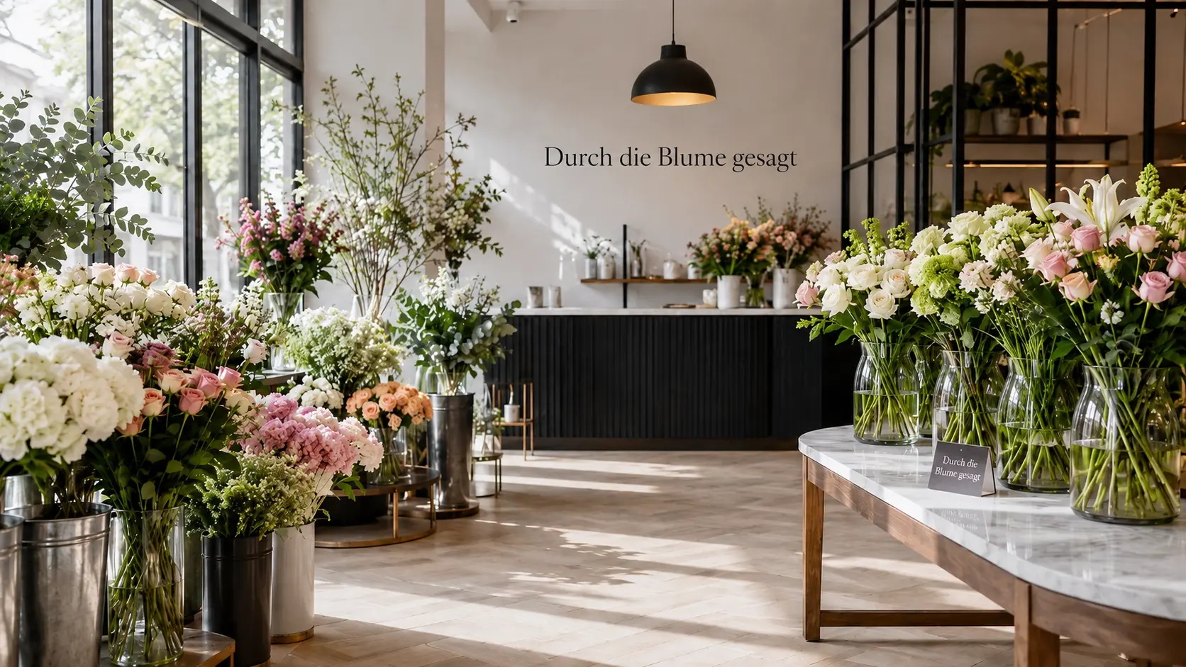 Moderner heller Blumenladen mit hochwertigen Blumenarrangements und natürlichem Licht