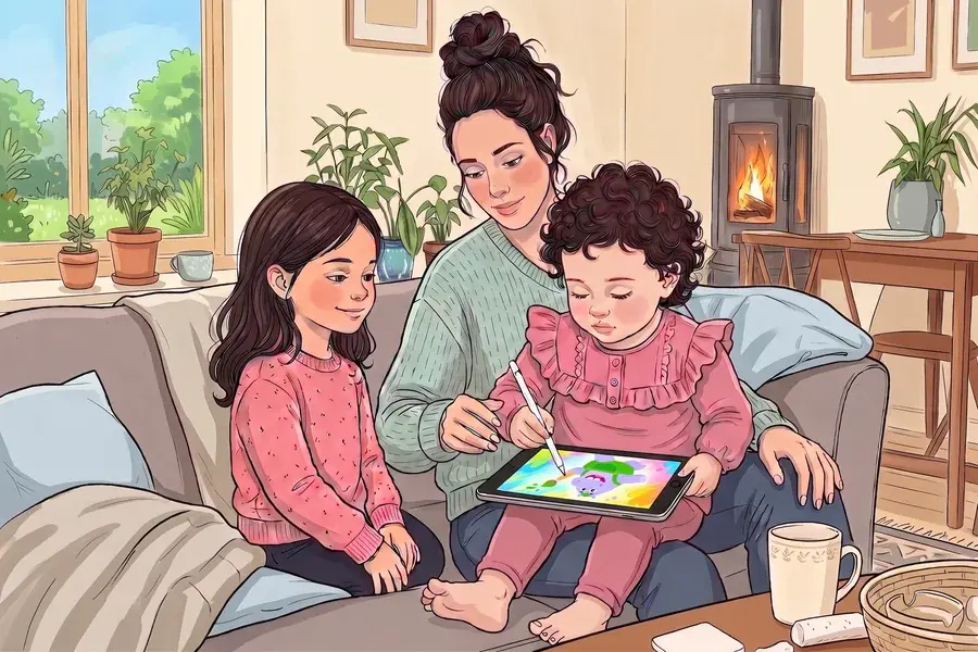 Two children coloring on a tablet in the back of a car