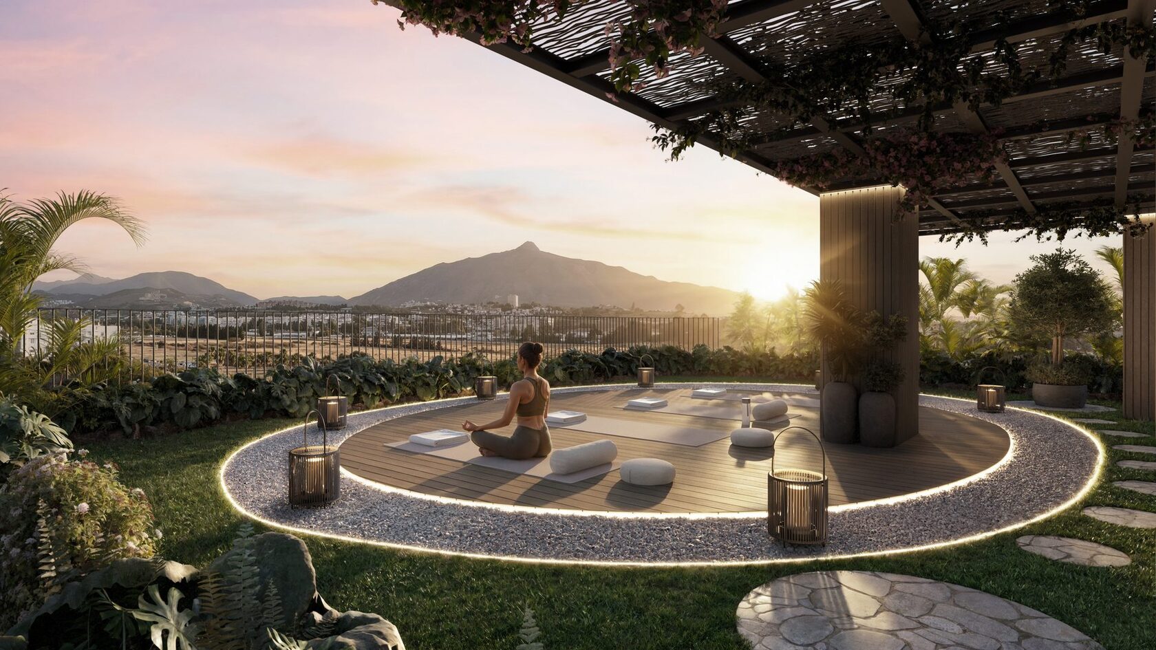 Rooftop yoga deck at sunset, La Concha in the distance