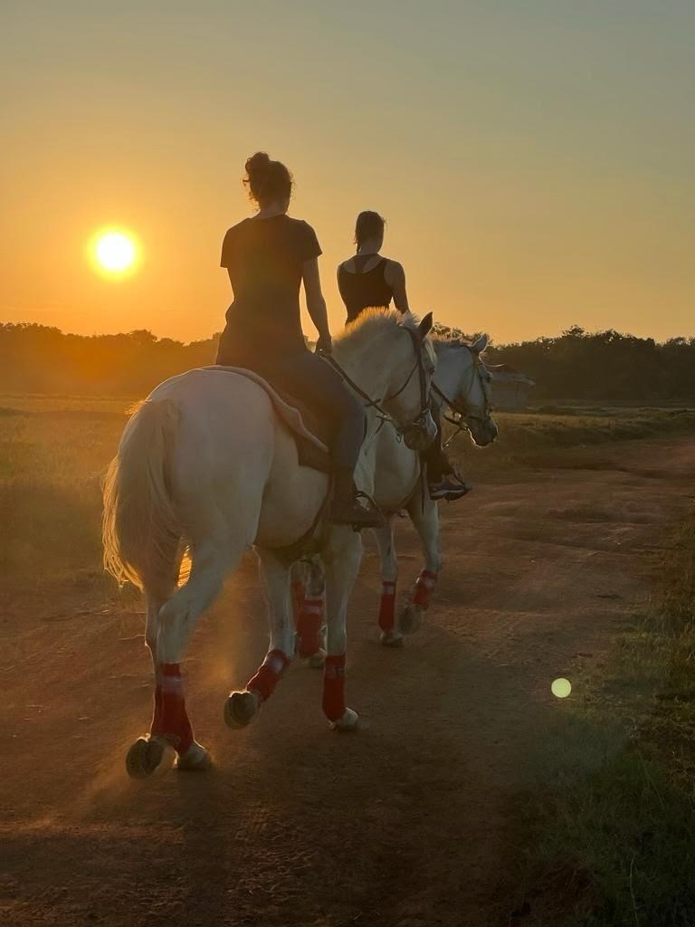 Two riders seen from behind moving along an open track at sunset at Vonfidel Ranch in Eastern Sri Lanka.
