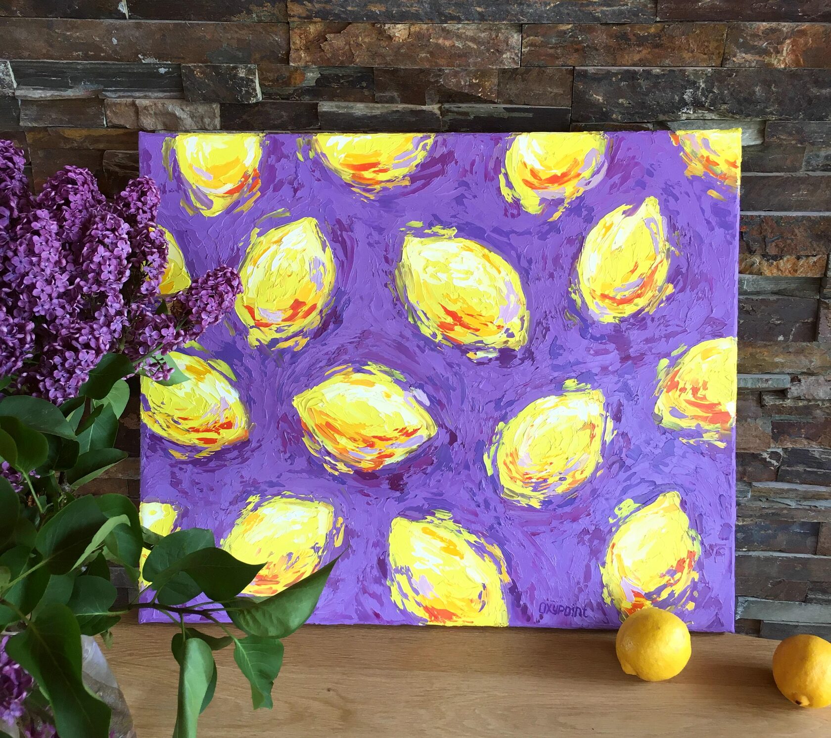 lemons oil painting, pop art, yellow and purple abstract art, lemon knife painting, artist OXYPOINT Oxana Kravtsova, painting for sale 