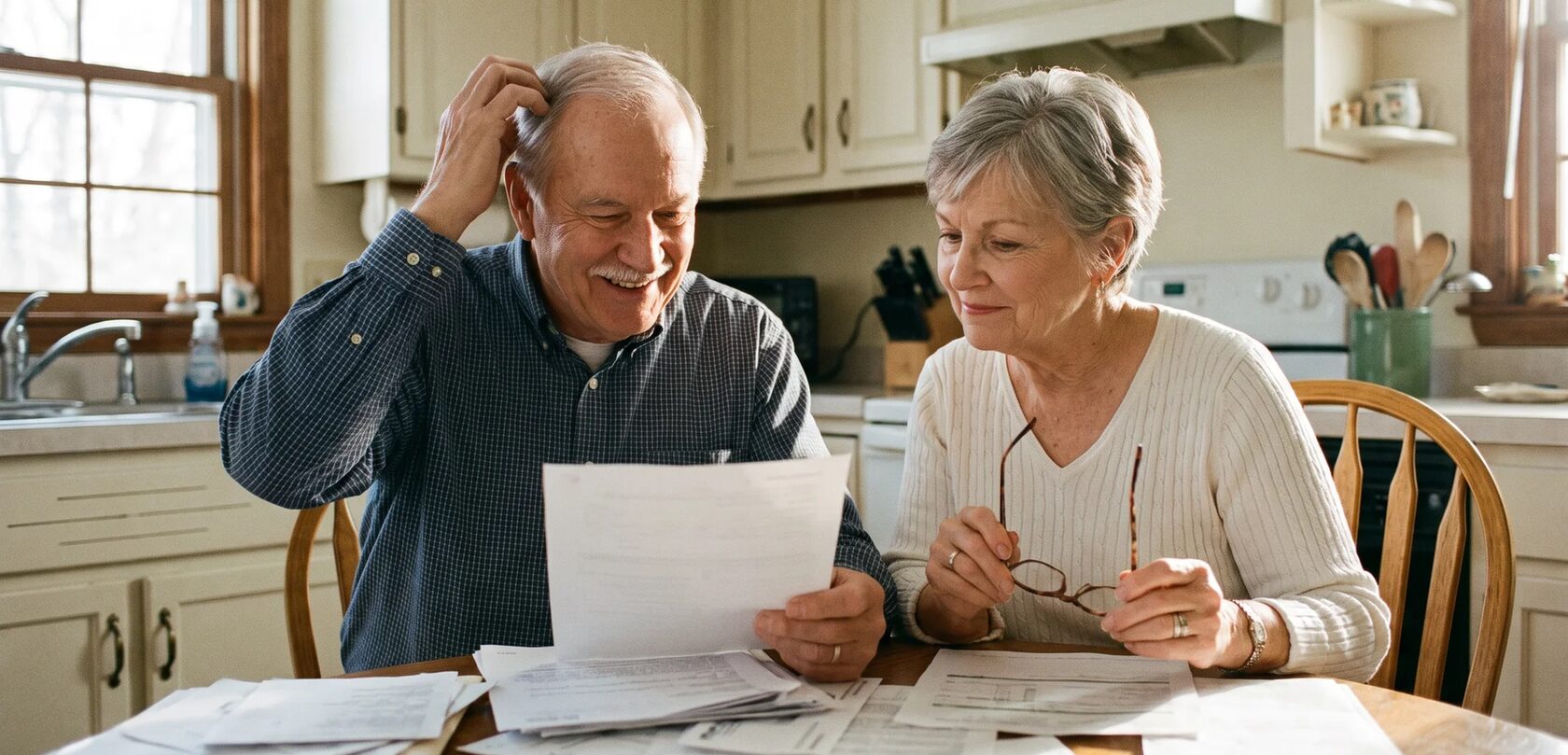 An older couple reading Medicare letters at their kitchen table