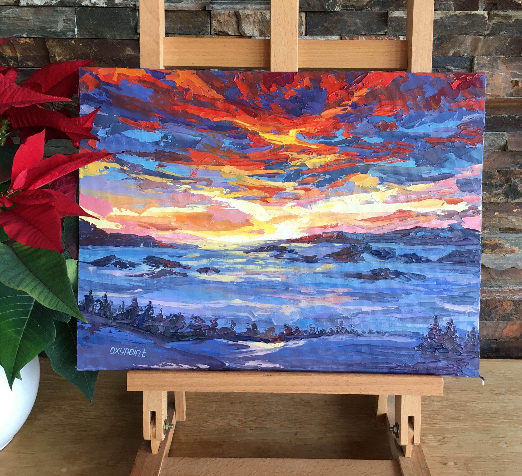 Sunset in the mountains oil painting, Alps abstract art, Mountain landscape knife painting, artist OXYPOINT Oxana Kravtsova, painting for sale 