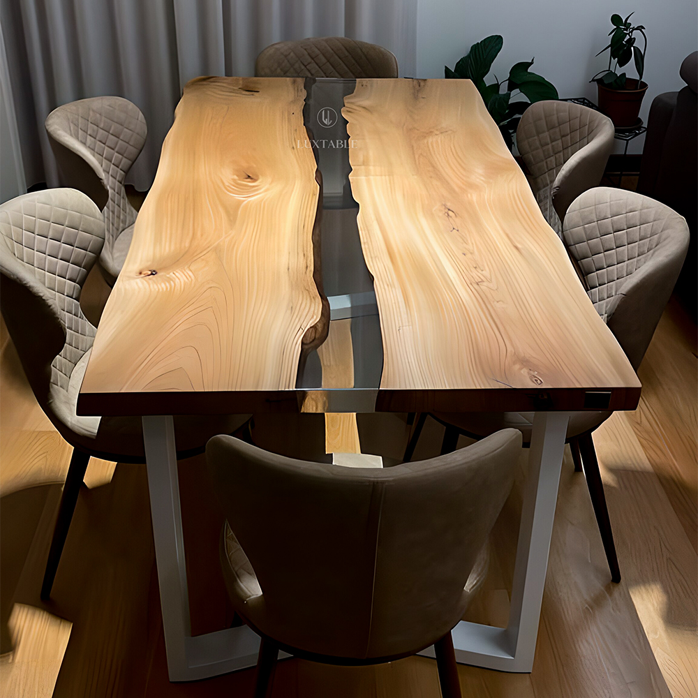Tavolo da pranzo in olmo massello e resina trasparente lucida, tavoli in legno e resina, Luxtable, tavolo da pranzo