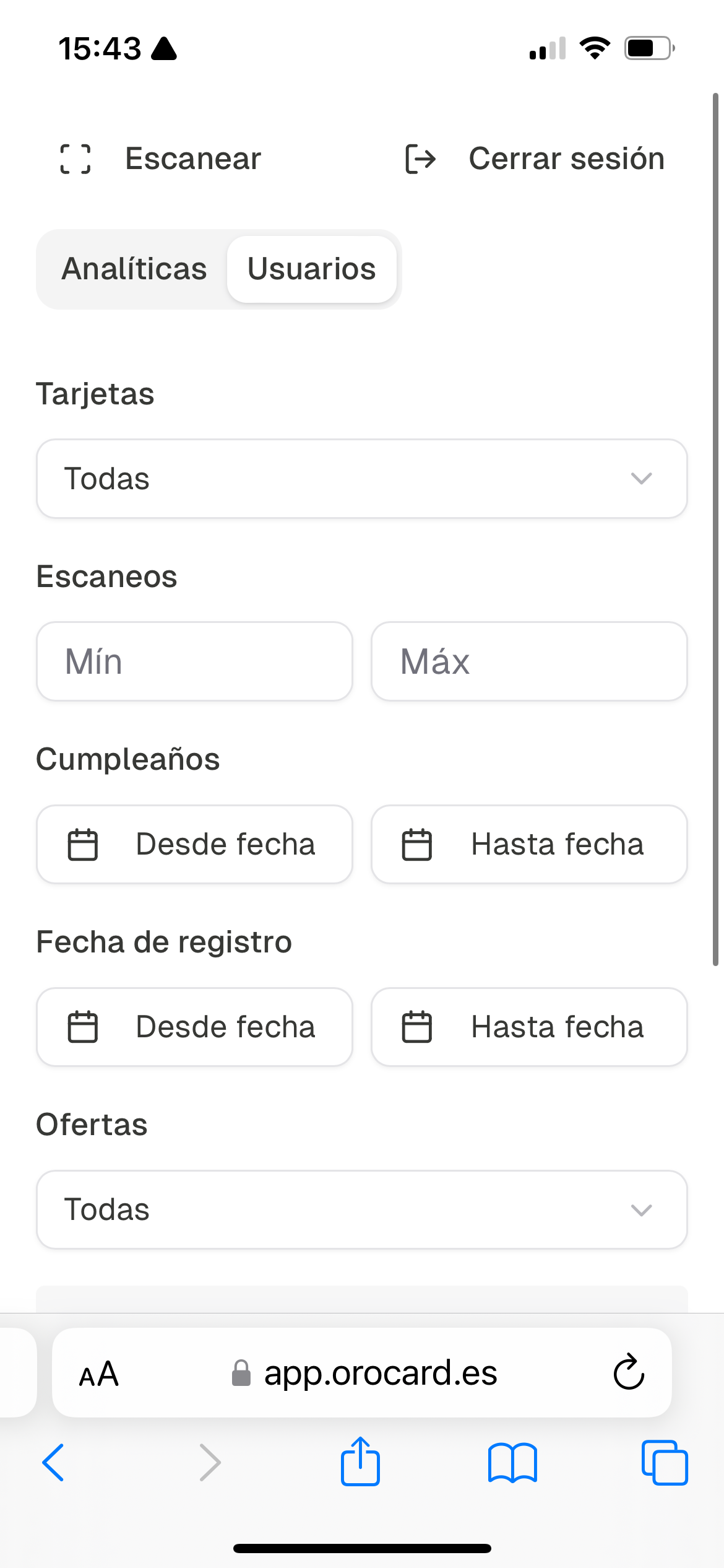 pantalla de usuarios