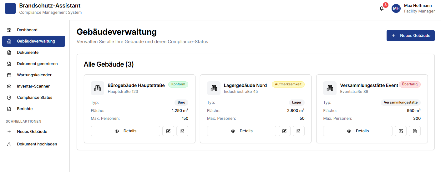 Gebäudeübersicht mit Brandschutzstatus, Inventar und offenen Aufgaben