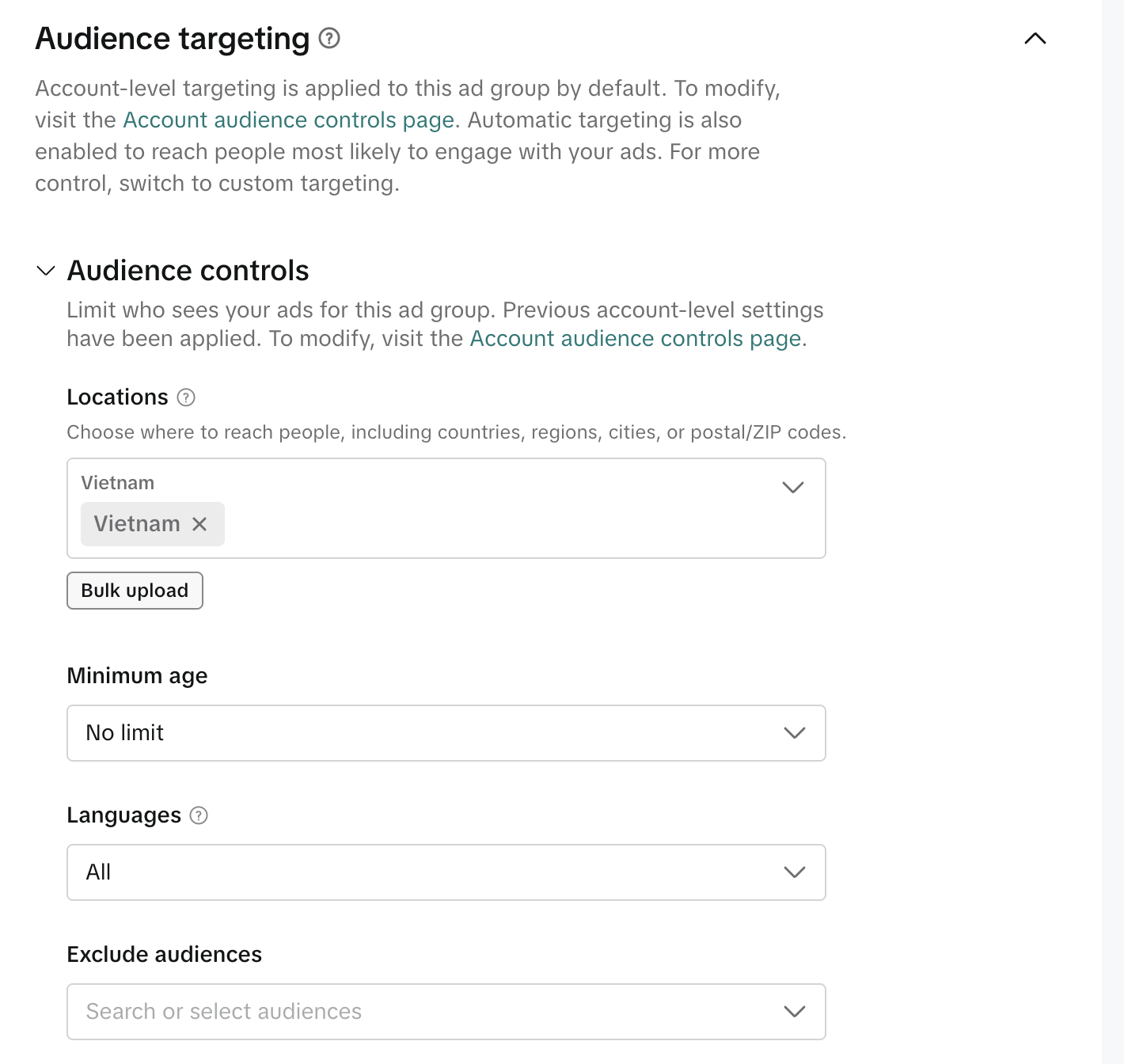 Блок Audience controls в группе объявлений Smart+ TikTok