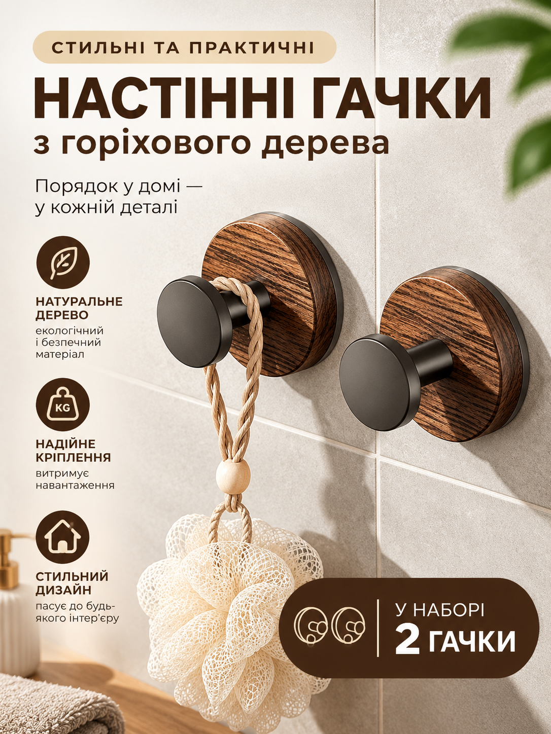 Набір з 2 гачків на присосці з текстурою горіха