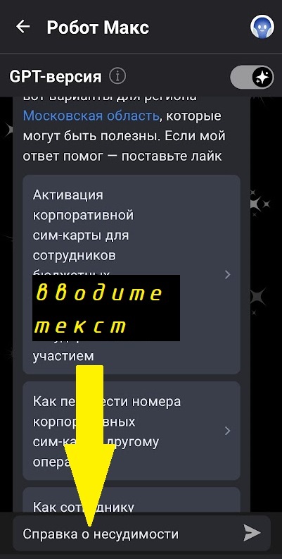 Скриншот переписки с чат-ботом в приложении Госуслуги. Внизу показано поле ввода текста, в которое вручную введена фраза «Справка о несудимости». Жёлтая стрелка указывает на строку ввода.