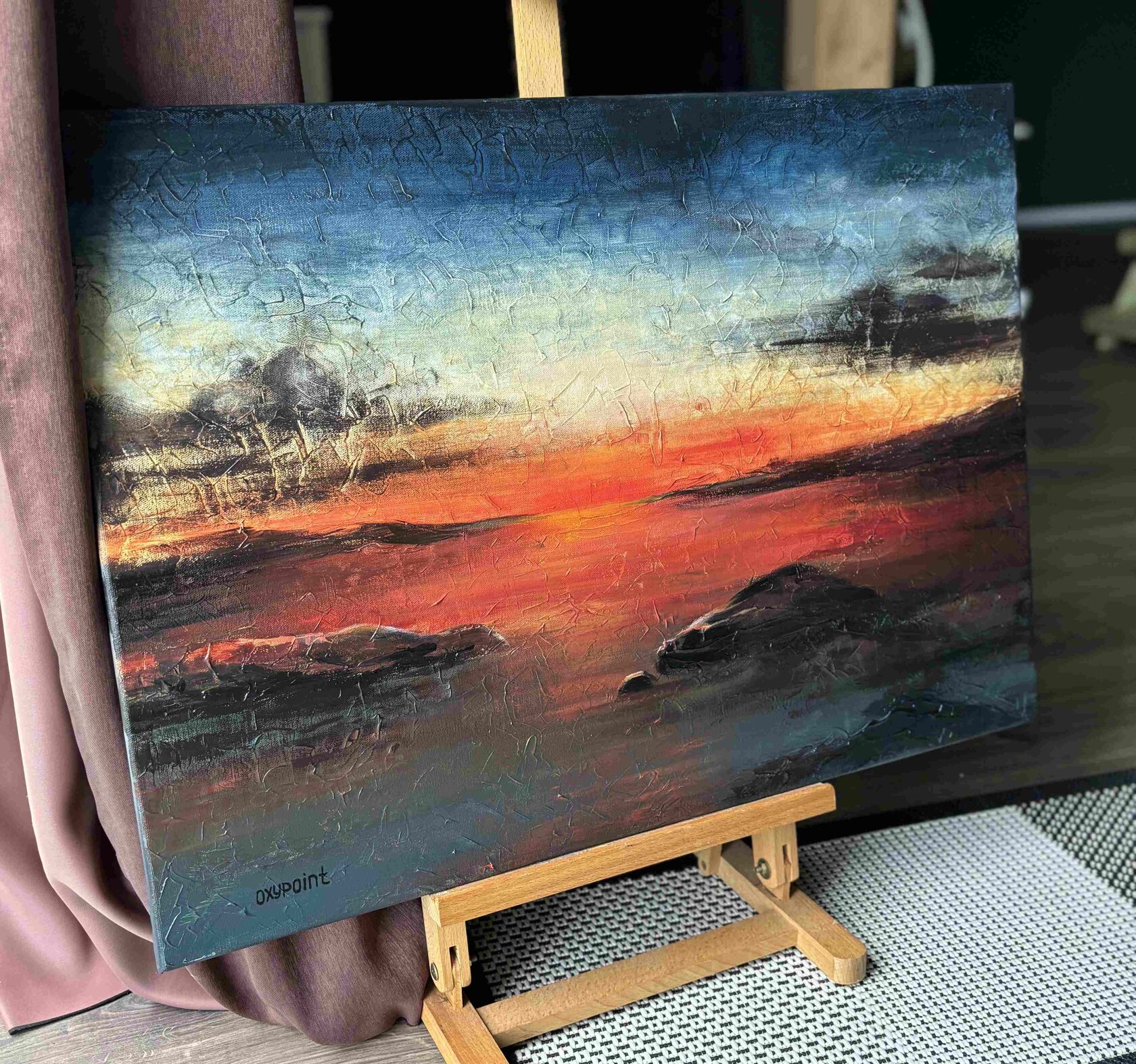 Acrylic painting sunset, mixed media, night, painting for sale Oxana Kravtsova Oxypoint