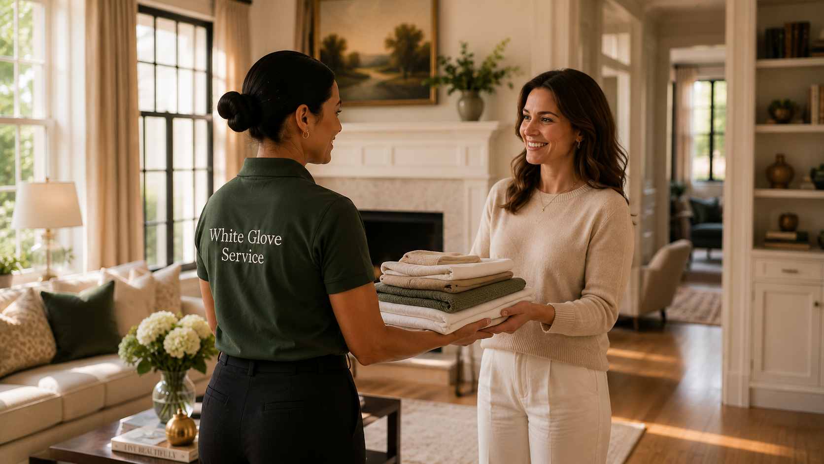 A White Glove Service housekeeper handing folded laundry to a smiling homeowner