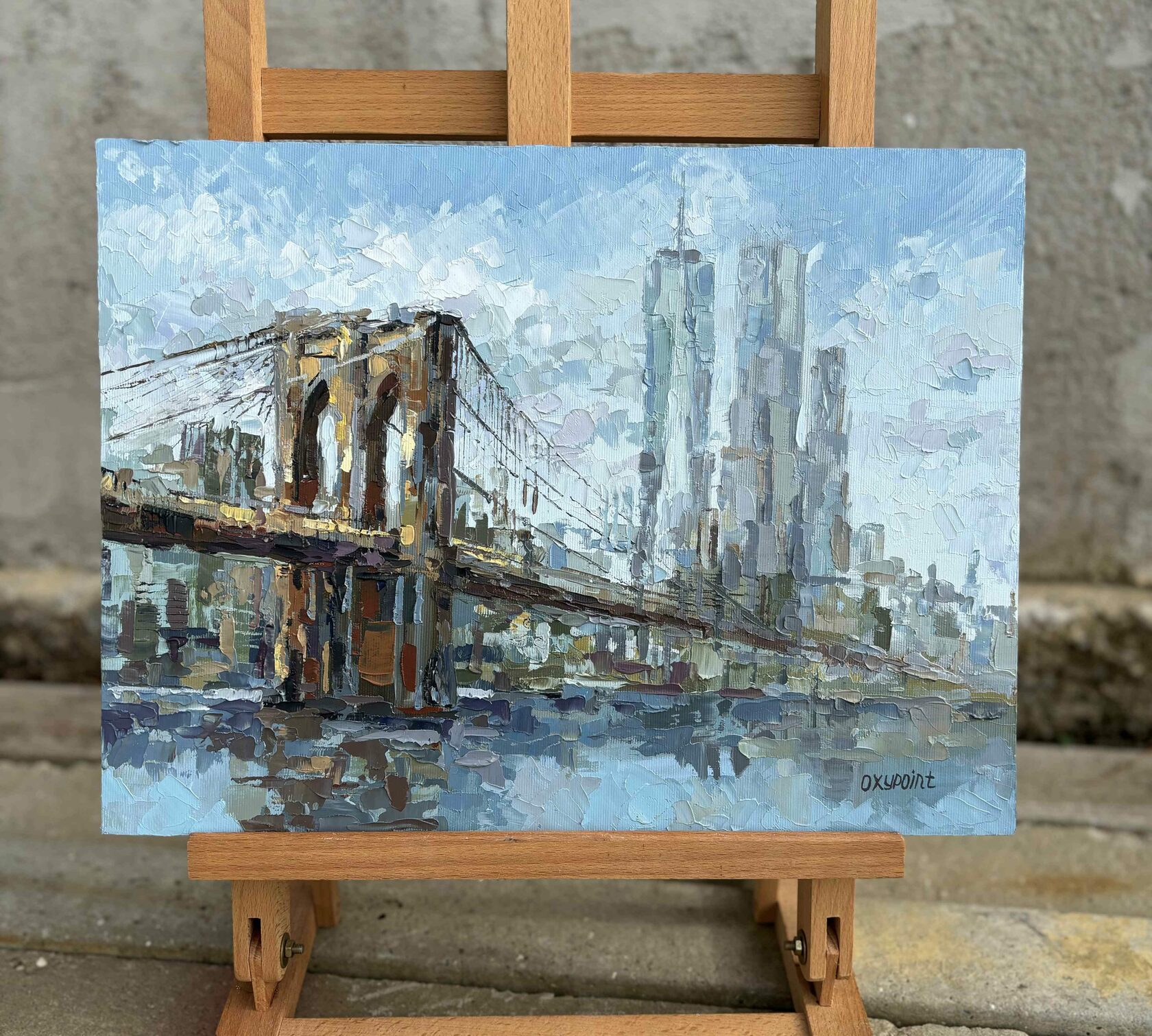 Brooklyn Bridge oil painting, USA abstract art, New York knife painting, artist OXYPOINT Oxana Kravtsova, painting for sale 