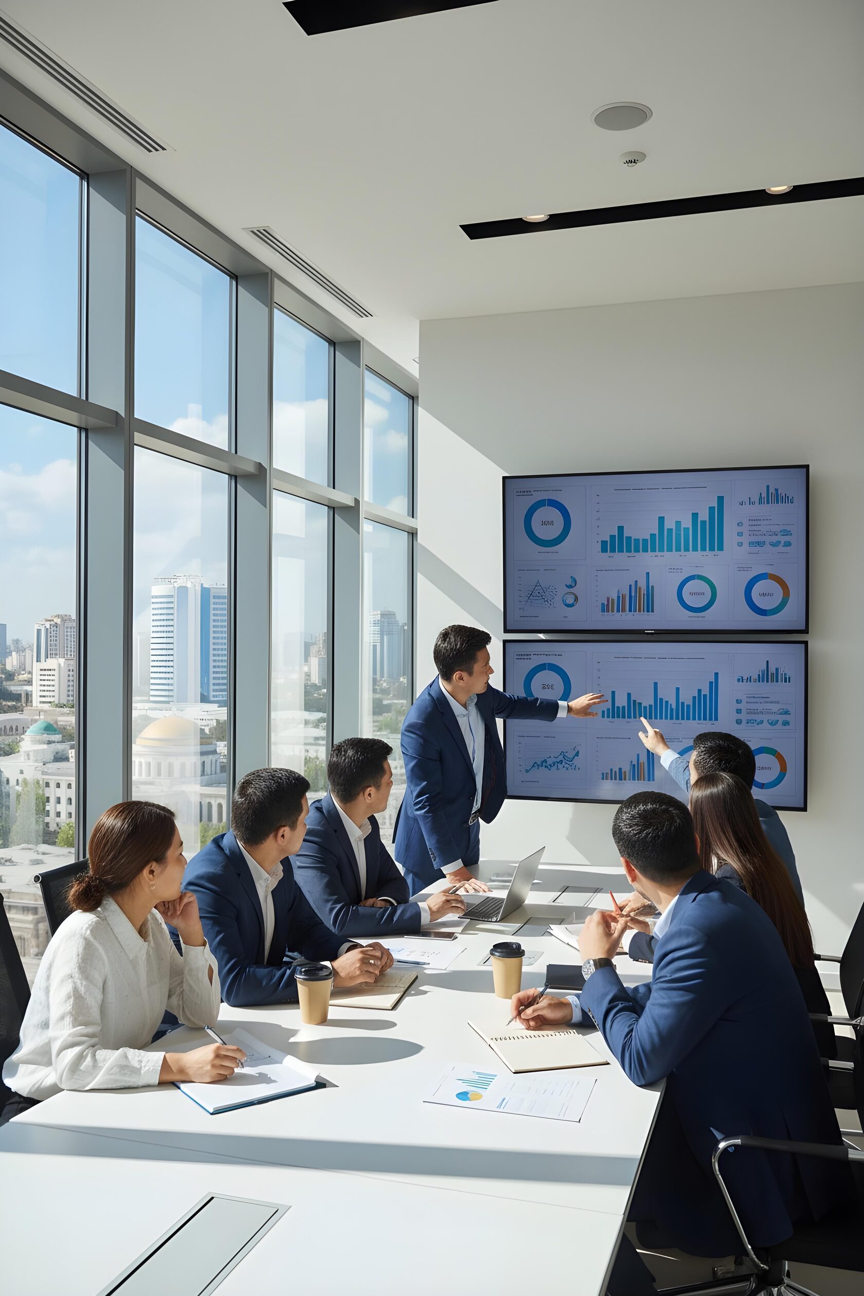 Illustration of a team discussing a campaign plan and business data
