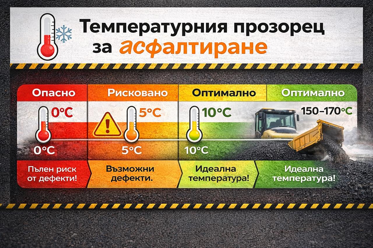Температурен прозорец за асфалтиране – инфографика, показваща рисковете при полагане на асфалт при 0°C, 5°C и оптималните условия над 10°C с температура на сместа 150–170°C.