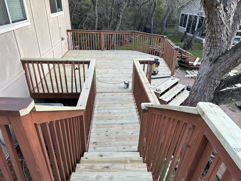 Deck restoration Austin TX — two wooden decks and bridge full restoration