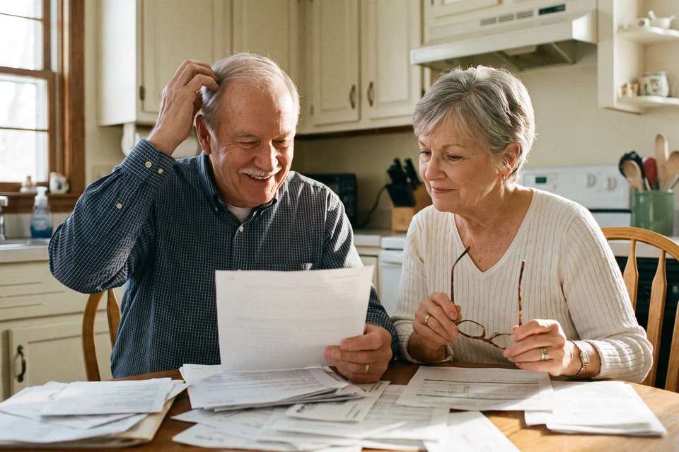 An older couple reading Medicare letters at their kitchen table