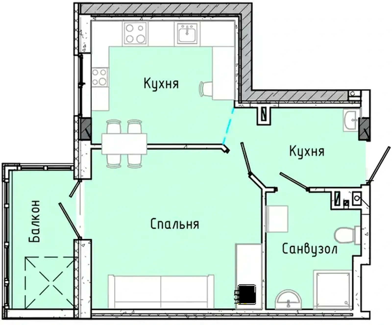 Планування 1-кімнатної квартири в ЖК Акварель 7 — варіант 3