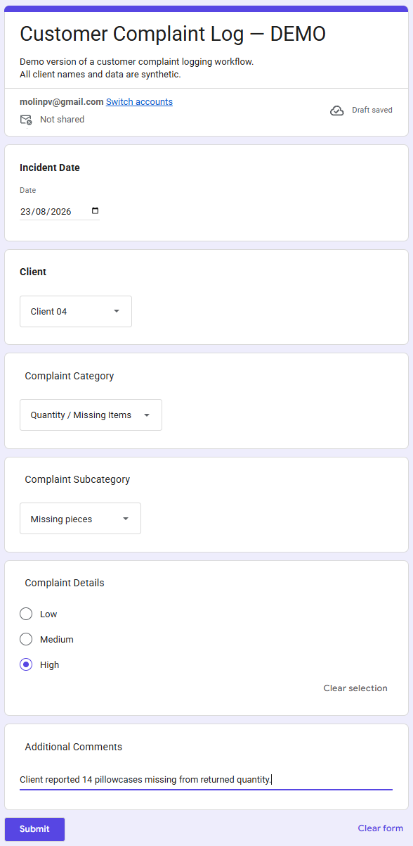 Real Google Form used by frontline staff to log a customer complaint: incident date, client, complaint category and subcategory, severity level, and additional comments.
