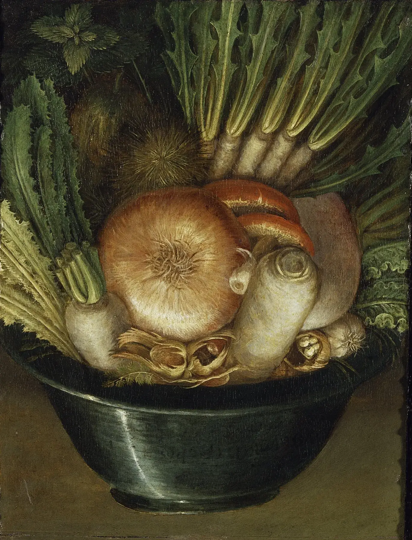 Giuseppe Arcimboldo. The Gardener (Vegetables in a Bowl), c. 1590. Turn the bowl of vegetables upside down, and you see a face