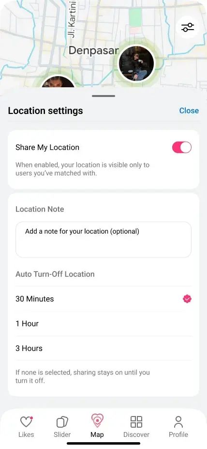 Location sharing controls in the Come to Me dating app