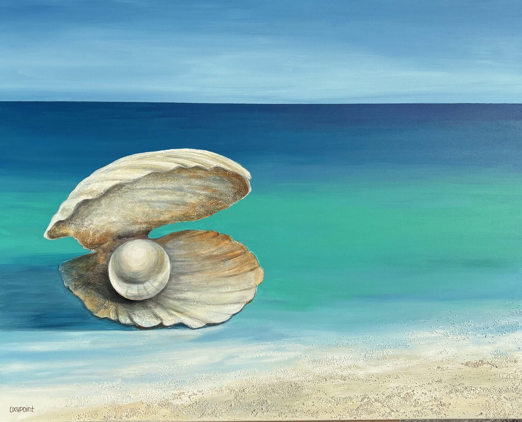 Acrylic painting pearl, mixed media, sea sand texture, open seashell, oceanic beauty, turquoise sea, waves, large wall art for sale, buy art from artist, buy original paintings, seascape, painting for sale Oxana Kravtsova Oxypoint