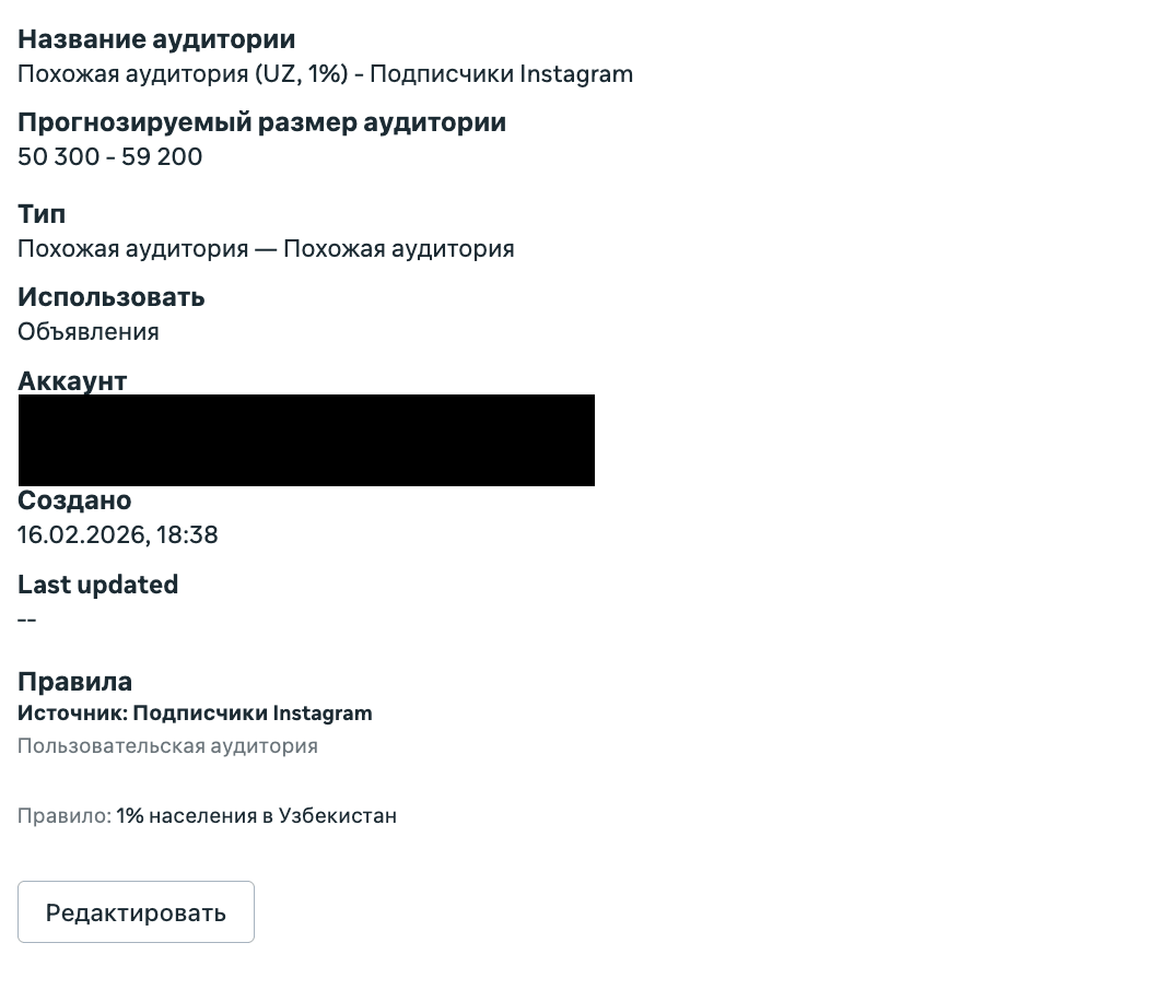 Сводка похожей аудитории в Meta Ads: прогнозируемый размер 50 300-59 200 человек, правило 1 процент в Узбекистане, источник - подписчики Instagram