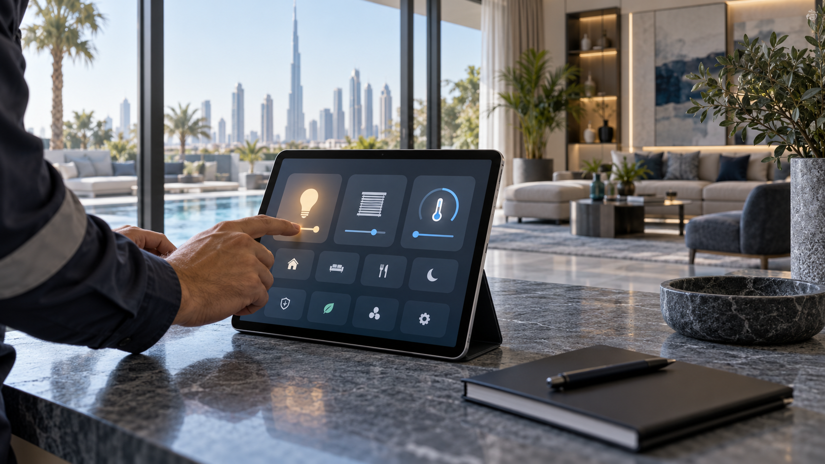 Illustrative concept of a smart home control interface being configured on a tablet