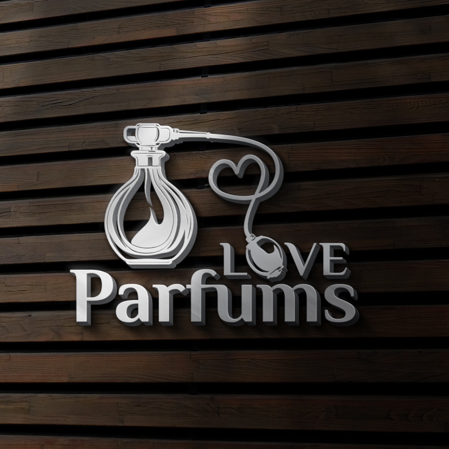 Love Parfums logo on dark wood