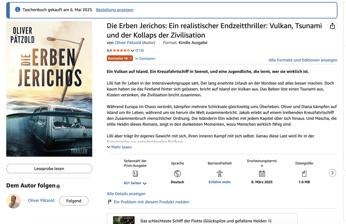 Buchseite von Die Erben Jerichos bei Amazon mit dem Abzeichen Bestseller Nr. 1 in Dystopien