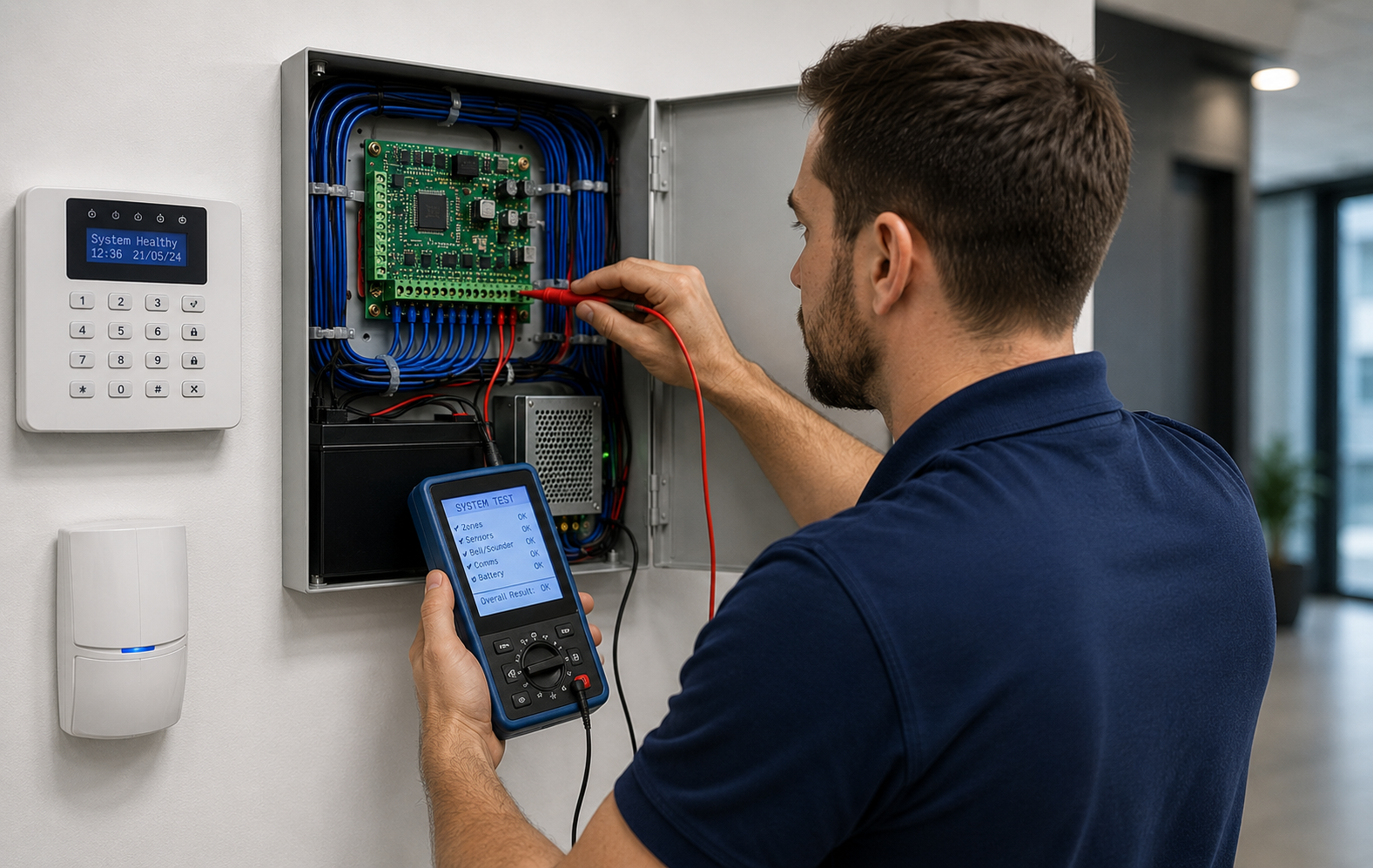 Security engineer carrying out professional maintenance and system testing