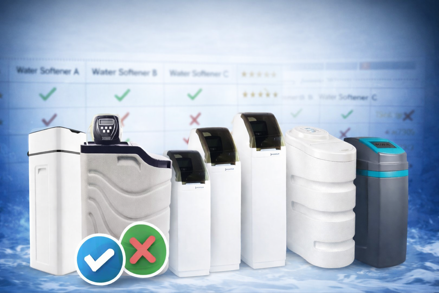 The image shows different models of water softeners against the background of a comparison table of their performance indicators.