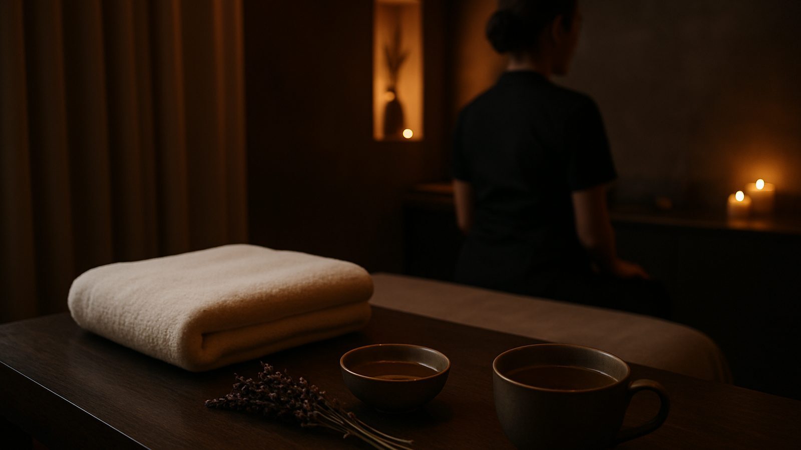 A folded towel, warm oil, lavender and herbal tea in a dimly lit spa room