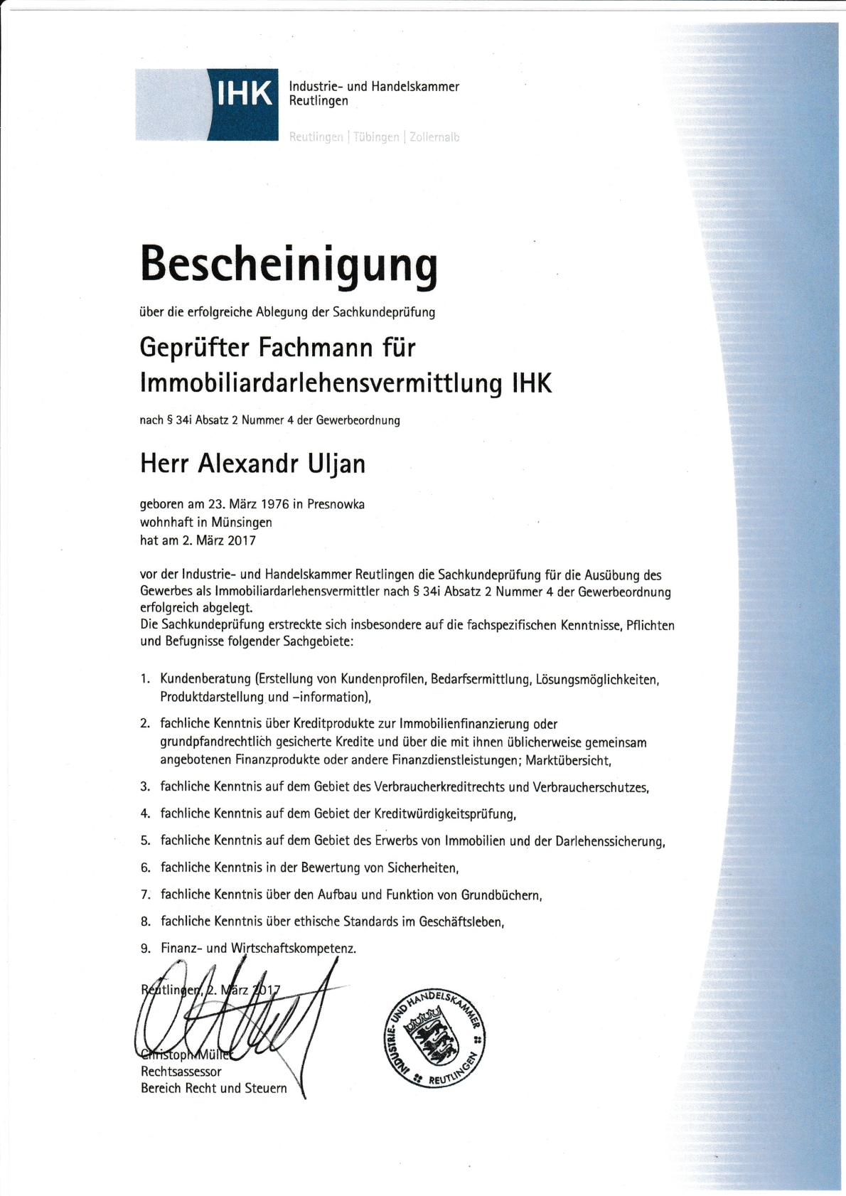IHK-Nachweis Fachmann für Immobiliardarlehensvermittlung